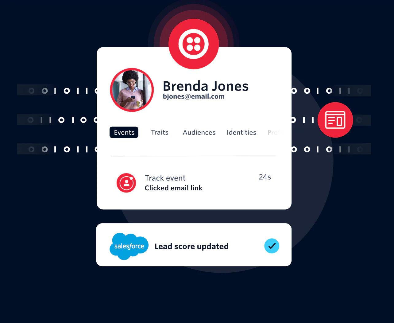Dashboard showing Brenda Jones' user profile with event tracking and lead score update notification.